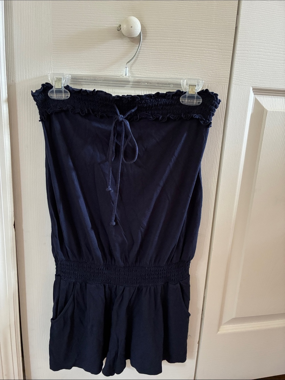 Express Navy Strapless Romper with Smocked Waist